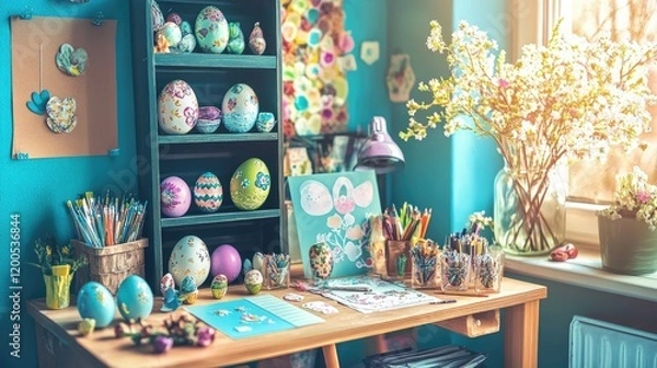 Fototapeta A DIY Easter card station with supplies, finished cards, and painted eggs.