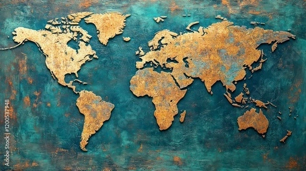 Fototapeta world map with natural tones, raised continents, vintage aesthetic, and rustic design, symbolizing global exploration and unity.
