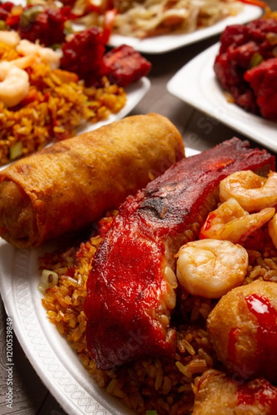 Fototapeta Chinese pork ribs with broaster chicken, fried rice, spring roll, shrimp on white plates, served in a table