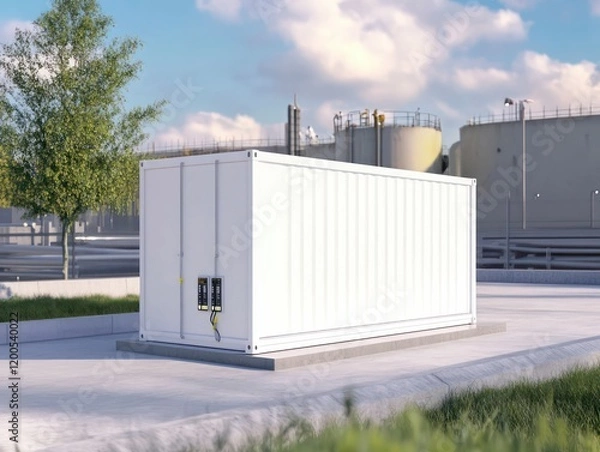 Obraz a sleek white containerized battery energy storage system outdoors, modern sustainable energy solution, surrounded by greenery and urban backdrop.