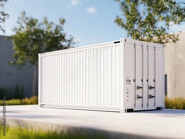 Obraz a sleek white containerized battery energy storage system outdoors, modern sustainable energy solution, surrounded by greenery and urban backdrop.