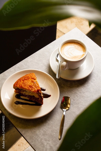 Fototapeta a marble cake on a plate and a cup of coffee on a table in a coffee shop