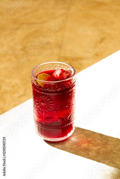 Fototapeta Jamaica ice tea with a slide of lime on it, hard light of sunset, marble background