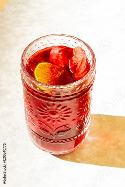 Fototapeta Jamaica ice tea with a slide of lime on it, hard light of sunset, marble background