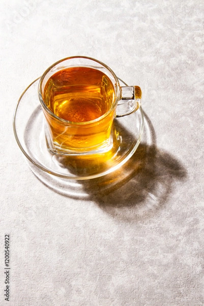 Fototapeta cup of hot tea in a cristal cup with sunset light, marble background.