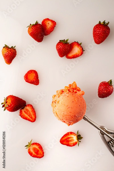 Fototapeta strawberry ice cream scoop with whole and cuts strawberry arounds on white background