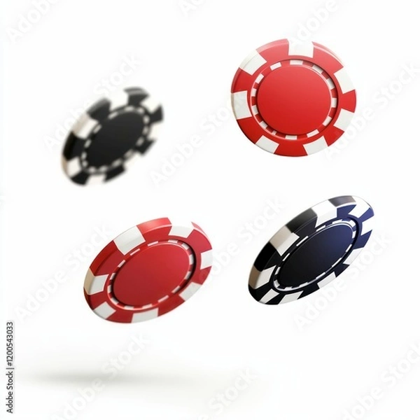Fototapeta floating colorful poker chips in red, black, and blue, symbolizing gambling, gaming, and casino entertainment with dynamic motion.