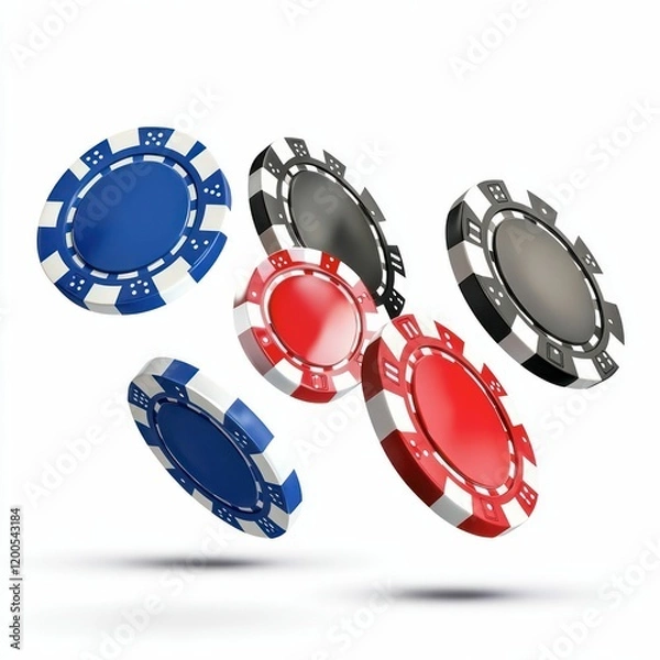 Fototapeta floating colorful poker chips in red, black, and blue, symbolizing gambling, gaming, and casino entertainment with dynamic motion.