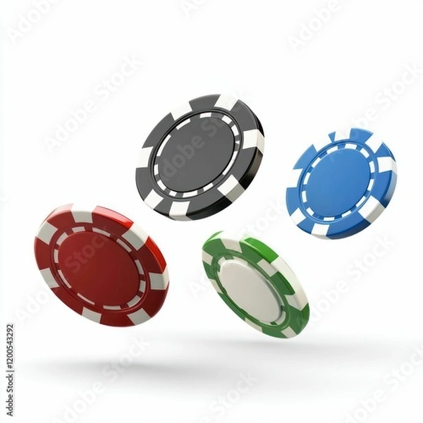Fototapeta floating colorful poker chips in red, black, and blue, symbolizing gambling, gaming, and casino entertainment with dynamic motion.