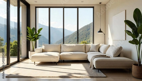 Fototapeta Modern Sectional Sofa in Minimalist Living Room with Mountain View