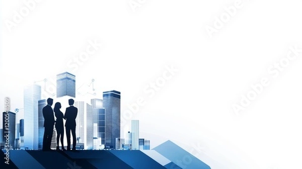 Fototapeta Business team standing in front of a modern city skyline, suggestive of collaboration and urban development.