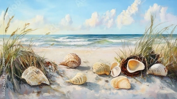 Obraz artistic beach scene painting with seashells, starfish, sandy shore, blue ocean waves, and serene sky in vibrant watercolor style.
