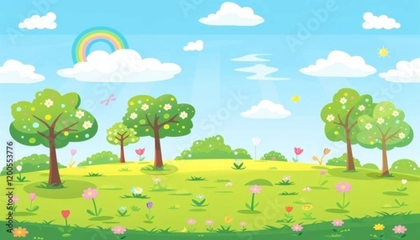 Obraz A bright, sunny day in a green grassy field with blossoming trees, flowers, butterflies, and a rainbow in the blue sky.