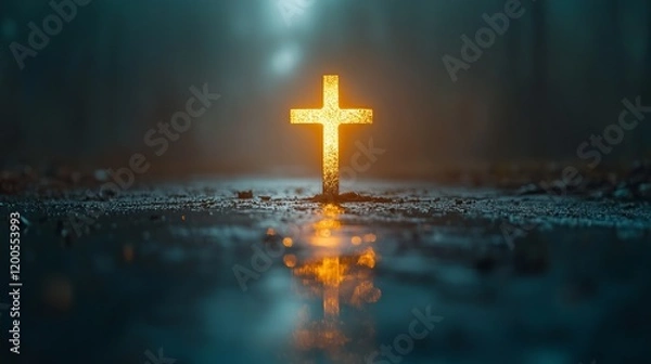 Fototapeta Symbol of Faith Standing Resiliently in the Rain with Dramatic Clouds Casting a Melancholic Mood