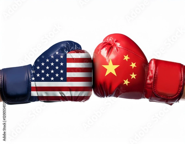 Fototapeta American and Chinese hands with boxing gloves hit against white background symbolizing tensions between countries