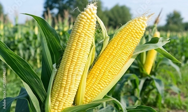 Fototapeta Ripe corn stalks in sunny field, harvest