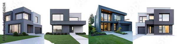 Fototapeta Luxurious modern villa with sleek architectural design features such as clean lines large windows and a mix of concrete glass and wood materials  The home is surrounded by lush landscaping