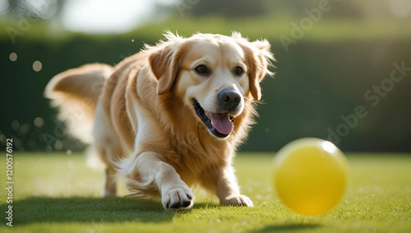 Fototapeta A happy golden retriever puppy sitting in the grass, looking cute and playful