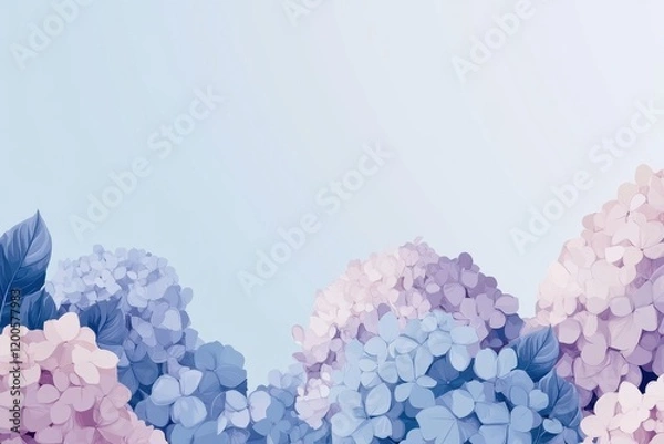 Fototapeta Pastel Hydrangeas Frame a Light Blue Background
