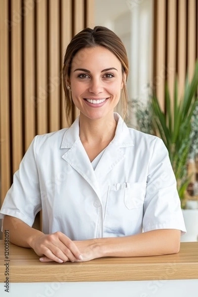 Fototapeta Friendly female receptionist in a white coat at a spa or clinic, smiling warmly at the camera.