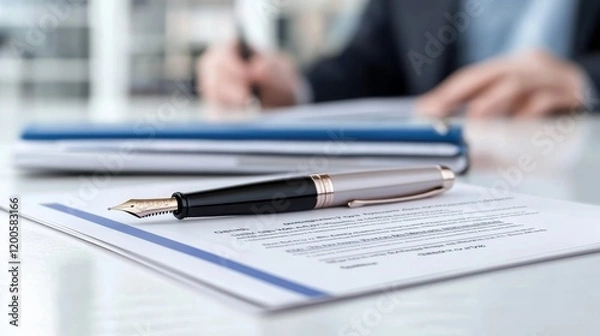 Fototapeta Minimalist Office Desk with Fountain Pen and Documents in Focus