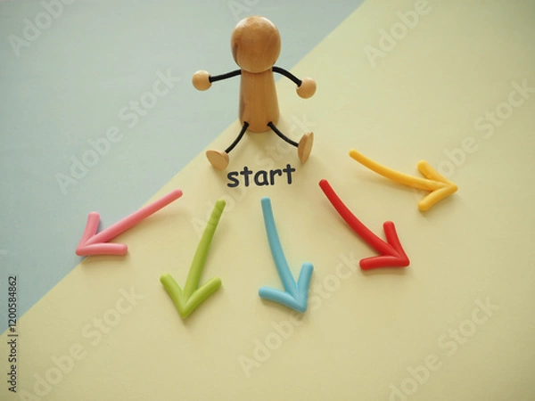 Obraz 人形とたくさんの矢印、スタートの文字