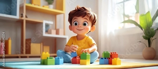 Fototapeta Boy plays blocks in bright room