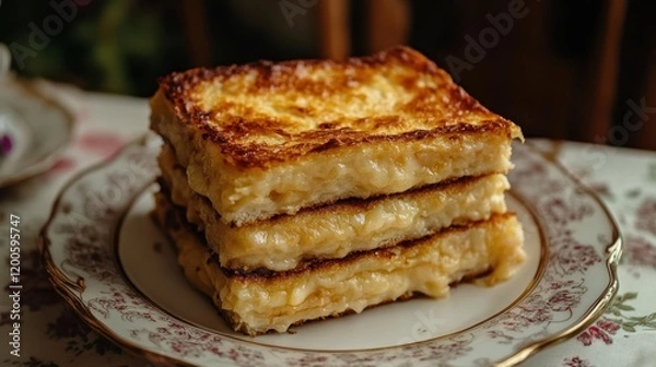 Fototapeta Golden-brown grilled cheese sandwich stack on a plate. Perfect for menus, food blogs, or articles about comfort food.