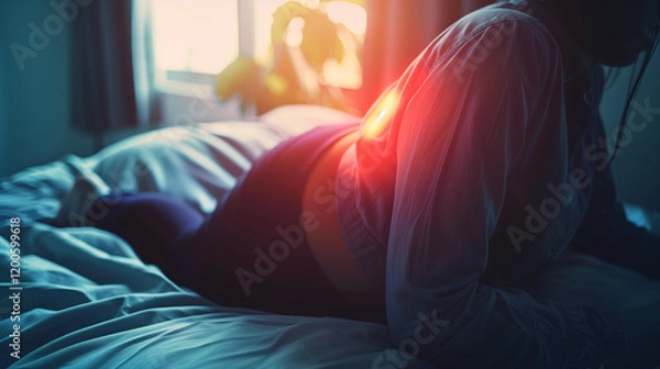 Fototapeta Close-Up of Back Highlighting Chronic Pain with Glowing Red Area, Lying on Bed in Soft Natural Light