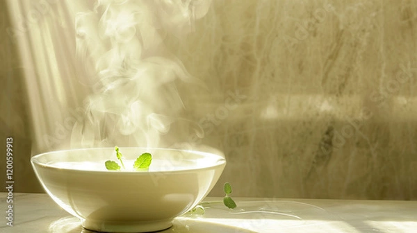 Fototapeta Serene Spa Scene with Eucalyptus-Infused Steam Rising from Warm Bowl, Soft Natural Light Highlighting Misty Atmosphere