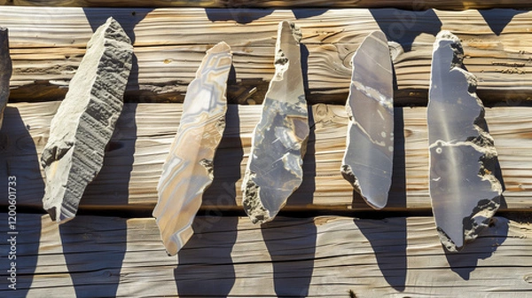 Fototapeta Ancient Craftsmanship: Intricate Stone Tools on Textured Wood Under Soft Natural Light.