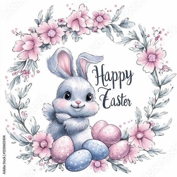 Obraz A gentle watercolor design featuring purple and green speckled eggs arranged in a wreath with "Happy Easter" text on a white background.