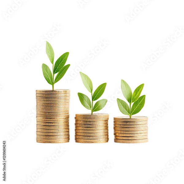 Obraz Stacks of golden coins with green seedlings growing, symbolizing financial growth, investment success, and sustainable profit potential.