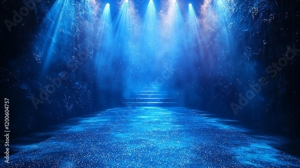 Fototapeta Blue Stage Lighting Illuminates Steps In Dark Cave