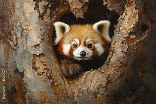 Obraz Adorable red panda peering from heart-shaped tree hole. Perfect for wildlife, nature, and animal lover themes.