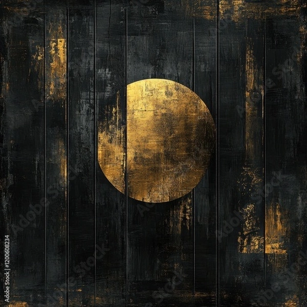 Fototapeta Abstract Gold Circle on Black Wooden Paneling