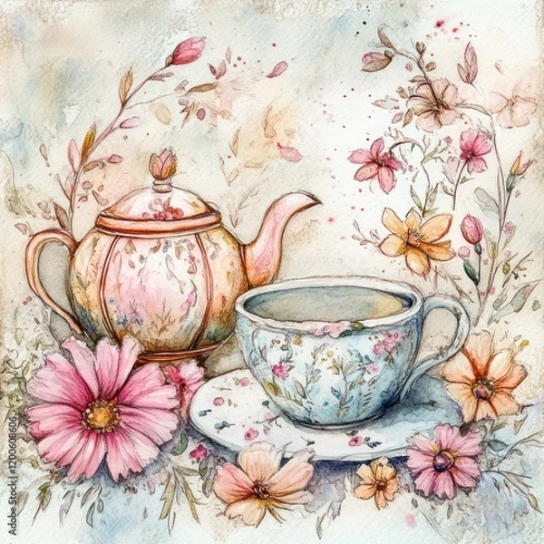 Fototapeta a watercolor painting of a teapot and cup with flowers arranged in a gentle and peaceful spring tea setting