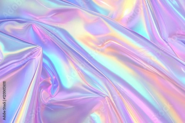Fototapeta Ethereal Holographic Metallic Foil Background - Abstract Modern Curved Blurred Surreal Futuristic Disco Techno Dreamlike Backdrop in Pastel Neon Mint Turquoise Blue Purple and Yellow Close Up