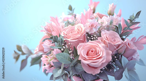 Fototapeta Elegant Vase Filled with Fresh Pink Roses Surrounded by Lush Green Leaves Creating a Charming and Romantic Floral Arrangement for Any Occasion