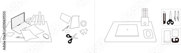 Obraz 乱雑で汚い机上と整理整頓され美しい机上を比べたベクターイラスト