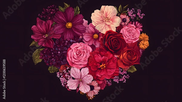 Obraz Delicate Heart Shaped Arrangement of Colorful Flowers and Lush Green Leaves Creating a Romantic and Whimsical Atmosphere Perfect for Celebrations