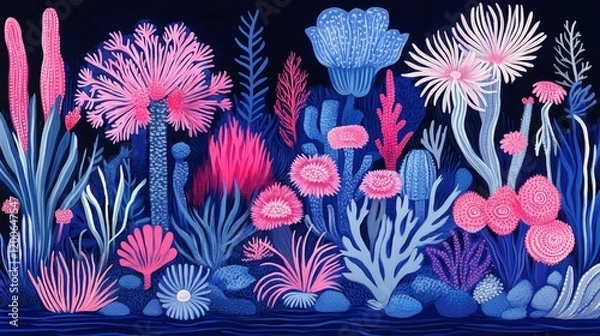 Fototapeta Stylized Underwater Garden of Bioluminescent Coral and Flora
