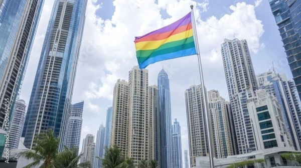 Fototapeta A colorful pride flag flutters proudly in front of high-rise buildings on a sunny day