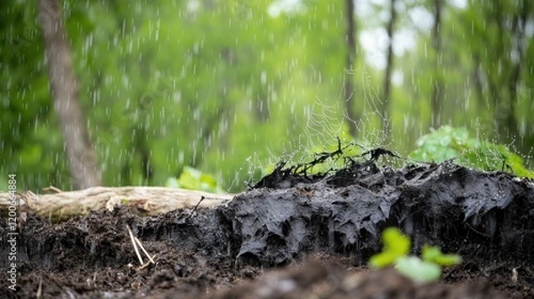 Fototapeta Raindrops fall on dark soil, sparkling as they hit the ground amidst lush greenery and nature