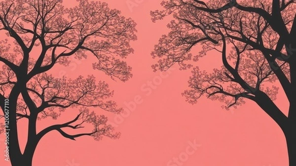 Fototapeta Spring Gradient Background with Silhouettes of Trees at Dusk