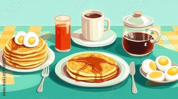 Fototapeta classic breakfast table with pancakes, syrup, scrambled eggs, and freshly brewed coffee on a sunny morning