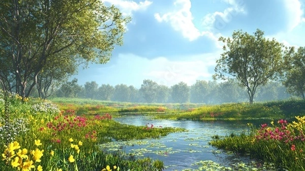 Obraz wetland during the spring, with new shoots of green and bright wildflowers blooming around the wetland edges