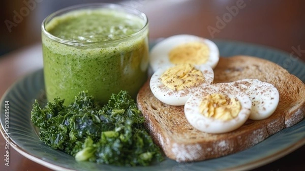 Fototapeta wholesome breakfast of whole wheat toast with almond butter, a boiled egg, and a fresh green smoothie with spinach and kale