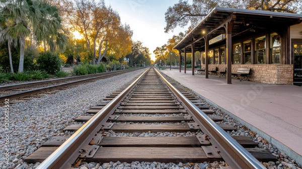 Fototapeta Historic train station with tracks leading into sunset
