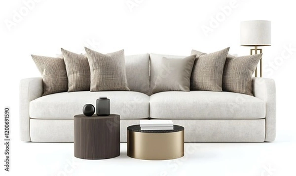 Fototapeta Cozy living room scene, beige sofa adorned with pillows, stylish side table featuring a lamp, inviting and comfortable atmosphere